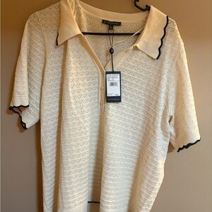Adrianna Papell Cream Button Down Shirt with Black Accents